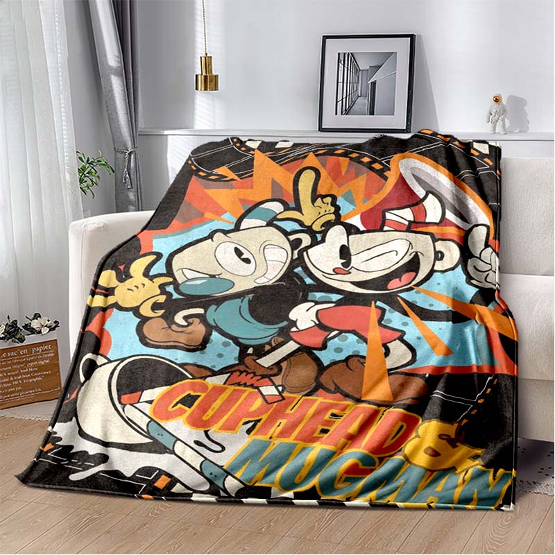 Cuphead & Mugman Flannel Blanket, Soft Throw with "Don't Deal With The Devil" Print, Cozy Bedding for Retro Game Fans