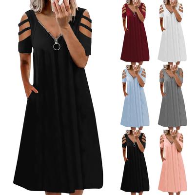 Summer Women's Sexy V-Neck Zipper Solid Color Short-Sleeved Dress