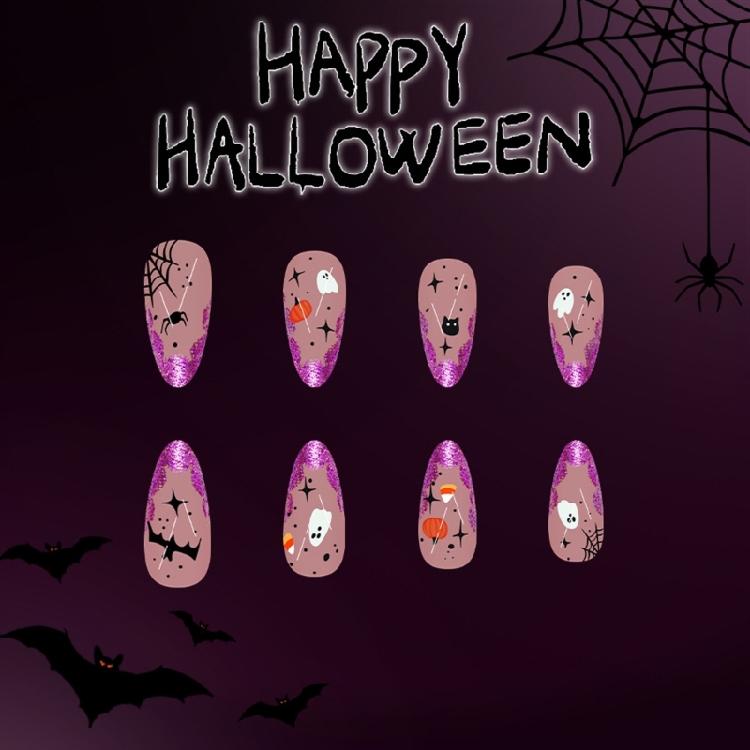 Artificial Nail Almond French Tips Fake Nail Acrylic Nail Spiders Web Stick on Nail for Women Halloween Press on Nail