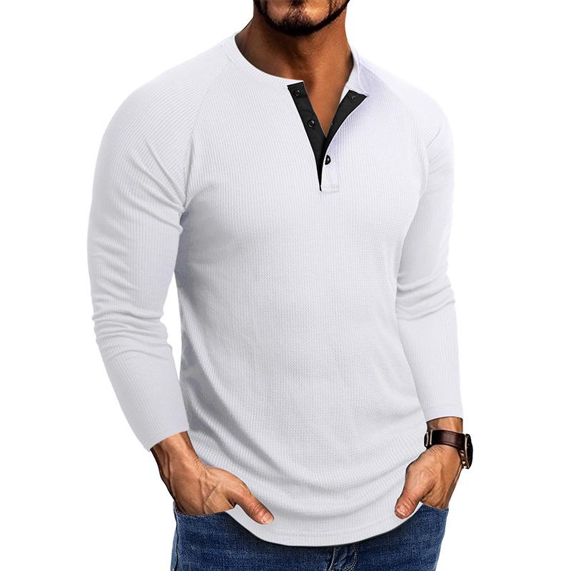 Men Casual Waffle Knit Henley Long Sleeve T Shirt S