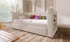 Upholstered daybed 90x190 cm, sofa bed, pull-out bed, armrests, USB & Type-C charging port, cup holder, linen blend fabric, beige, without mattress.