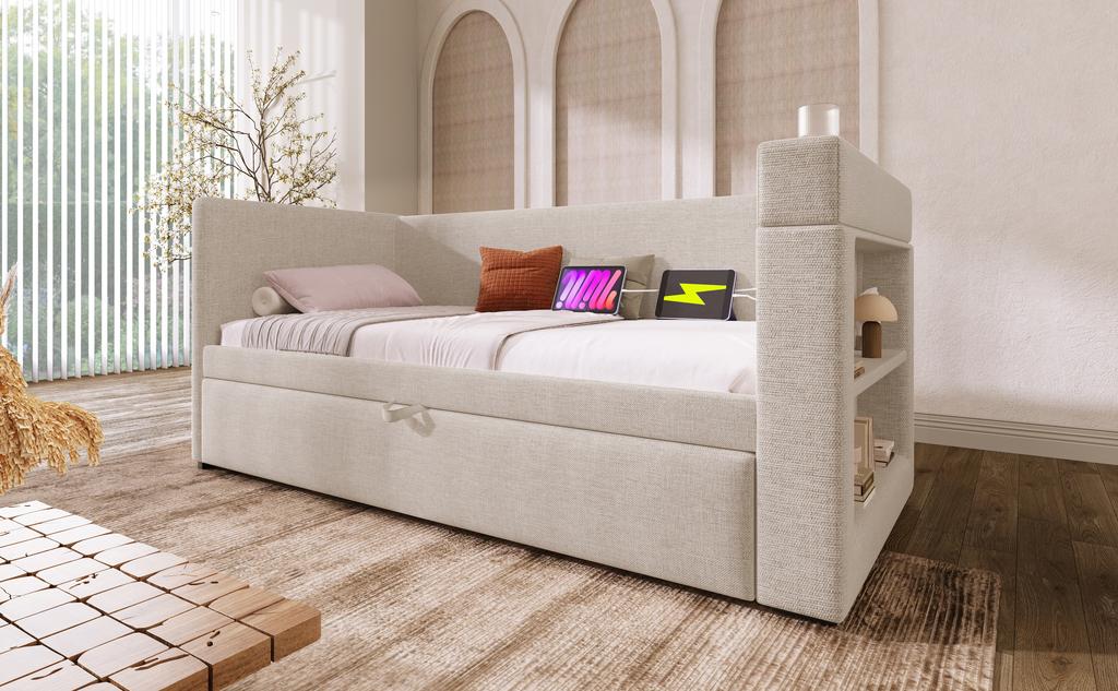 Upholstered daybed 90x190 cm, sofa bed, pull-out bed, armrests, USB & Type-C charging port, cup holder, linen blend fabric, beige, without mattress.