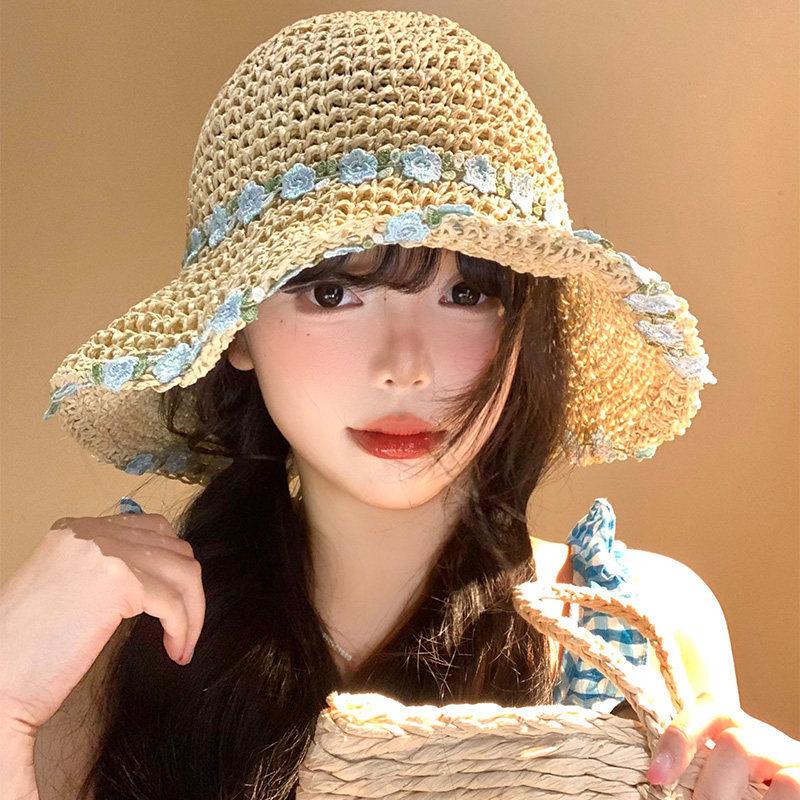 Sweet flower summer straw hat women s seaside beach vacation hollow shading breathable outdoor leisure versatile bucket hat