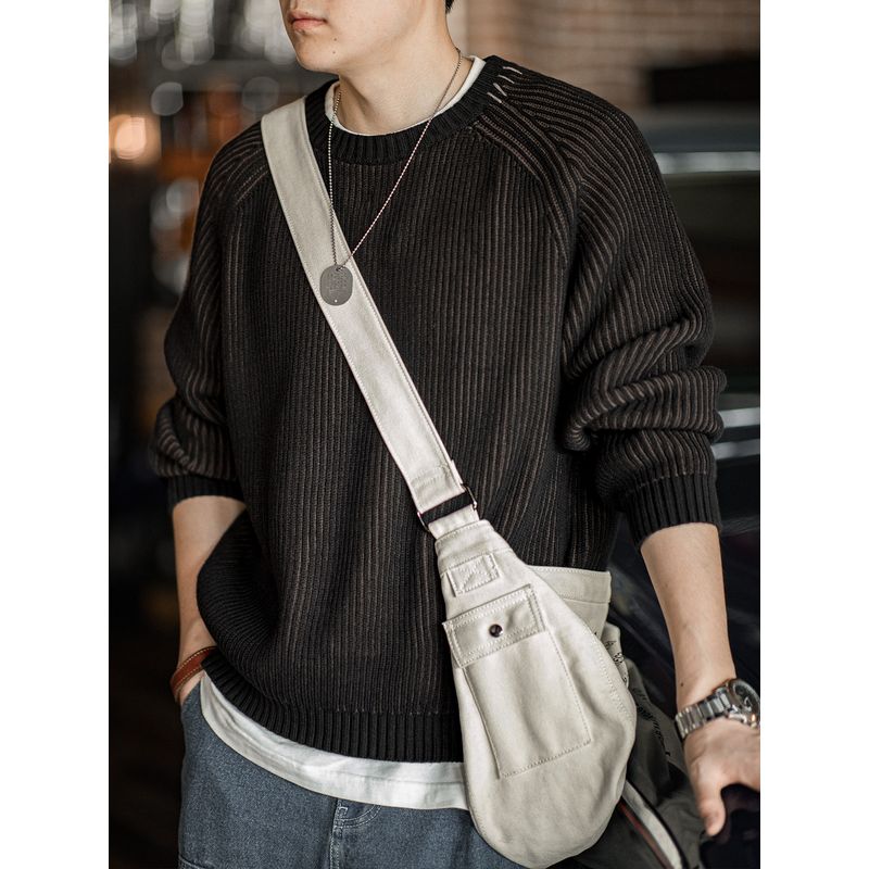 Madden Parka American Retro Vertical Stripes Woven Sweater Raglan Sleeve round Neck Thickened Base Knitwear Men's Autumn