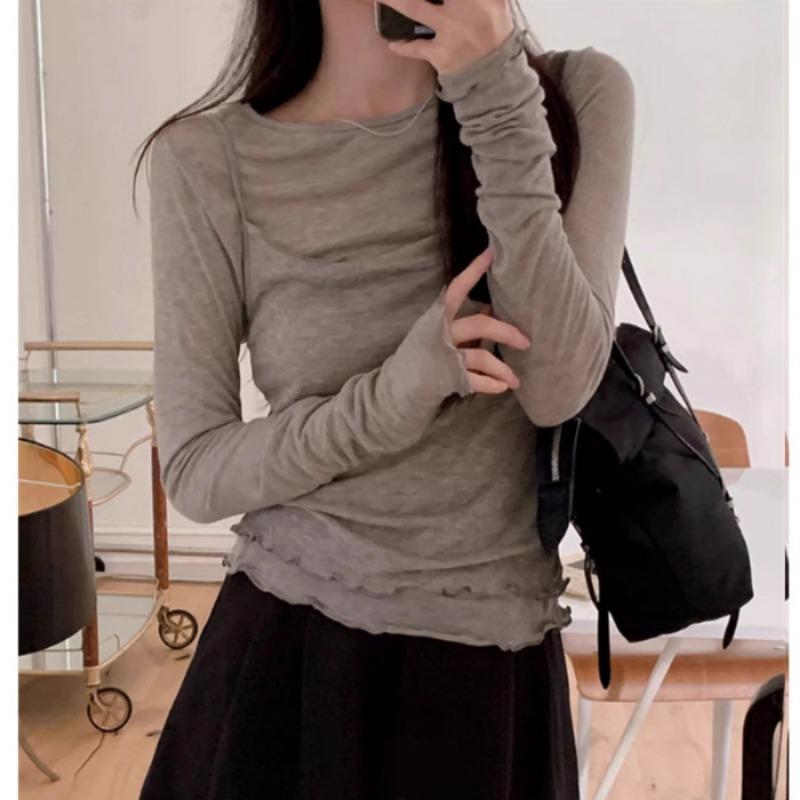 Long-sleeved T-shirt for women in spring, slim design, niche fungus side fake two-piece top, bottoming shirt