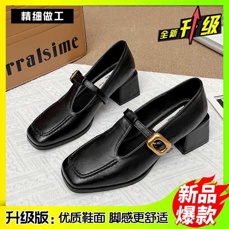 

Нишевый дизайн туфли на толстом каблуке женская обувь 2025 новые маленькие кожаные туфли туфли Мэри Джейн 35 чёрный