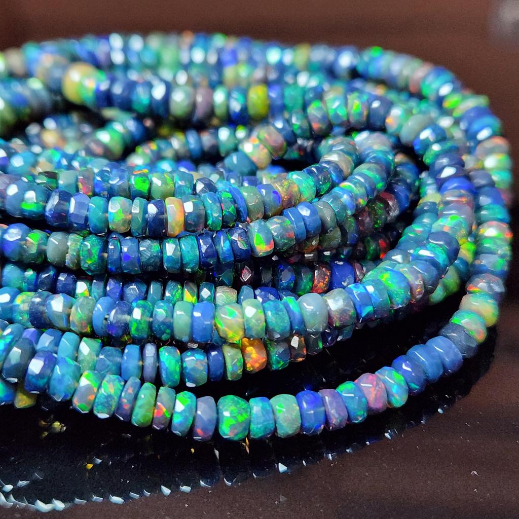 Faceted Rainbow Flashy Rondell Ethiopian Opal Beads, Healing Black Faceted Strand.