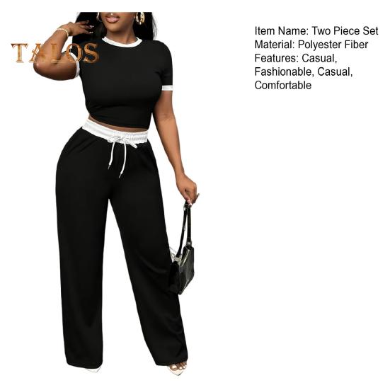 Conjunto de dos piezas de verano para mujer, cuello redondo, manga corta, top corto, pantalones anchos con cordón, conjunto de chándal informal para estar en casa