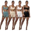 European and American Women's Fashion: Solid Color High-Elastic Shaping Rib-Knit Short-Sleeve Top & Wide-Leg Pants Two-Piece Set.