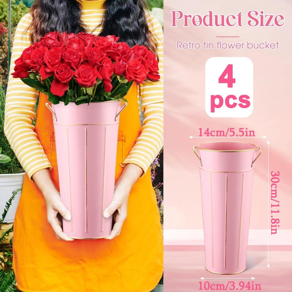 4pcs Pink Galvanized Metal Vase with Handle 11.8inches Rustic Galvanized Vase Planter Bucket Farmhouse Table Centerpiece Decoration 4pcs Pink