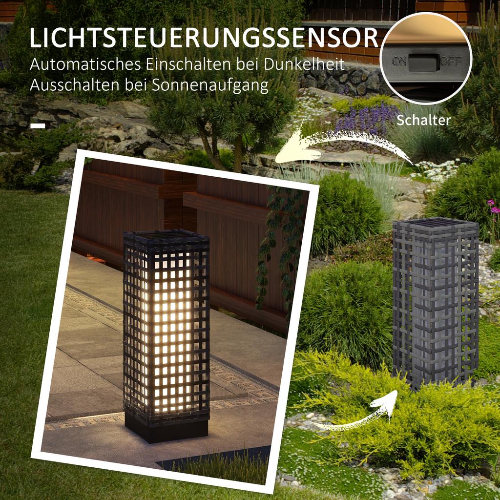 Outdoor Light with Solar Module, Automatic On-Switch, 8 h Operating Time, Rattan Look, Steel, 15.5 x 15.5 x 46 cm, Grey