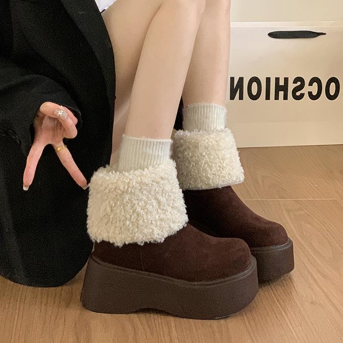 Women's soft elastic thick sole a foot stirrup winter fur one warm cold padded snow boots non-slip wear casual sports cotton boots