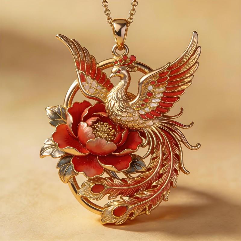 Handmade Chinese Phoenix Pendant Necklace Zinc Alloy Enamel Jewelry Women Men Vintage Style Gift Phoenix Pendant-Gold Feather Flame Design-015