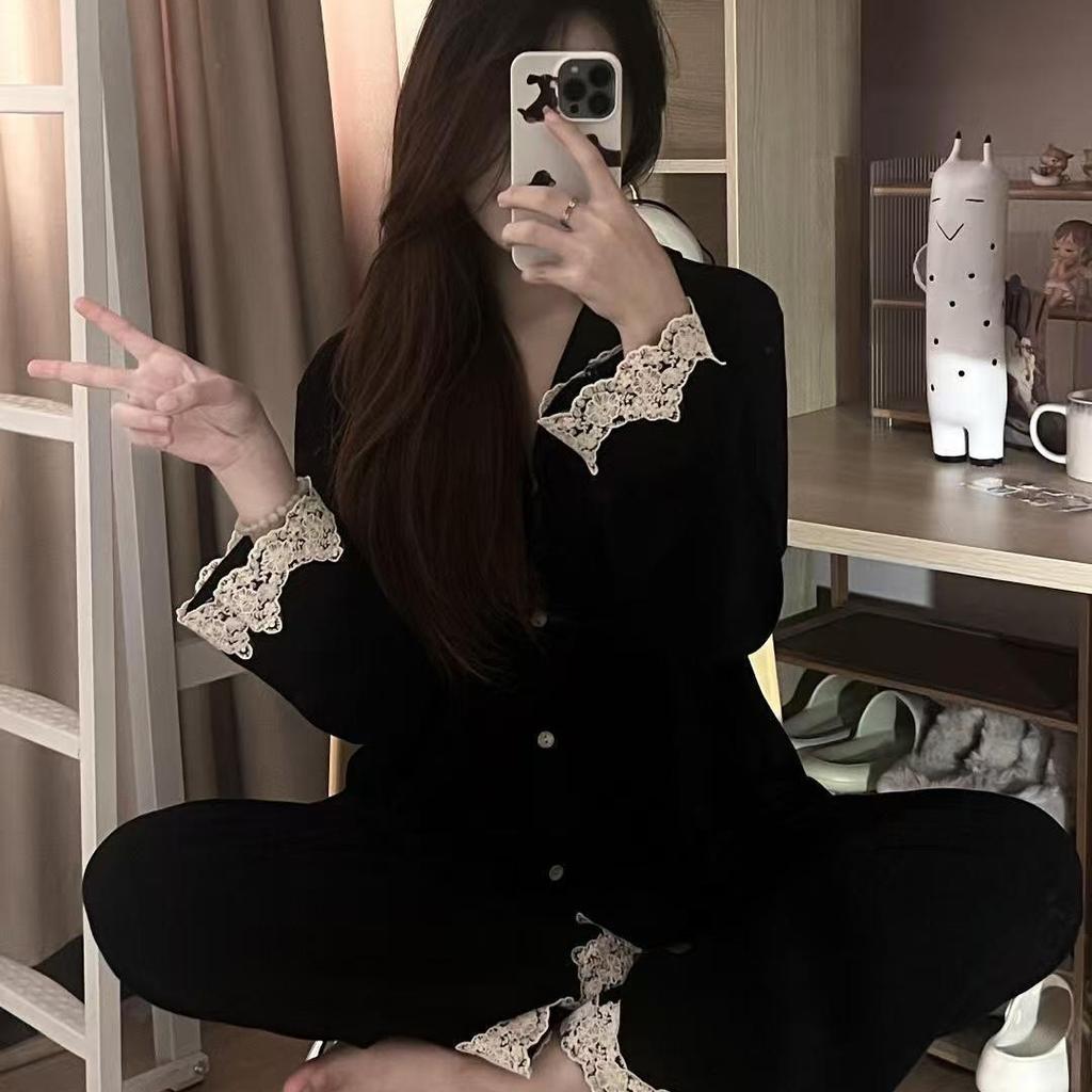 Lace Lace Pajamas Women's Ins Style Spring and Autumn Long-sleeved Trousers Suit Korean Version of Beautiful Girls Can Wear Loungewear Outside