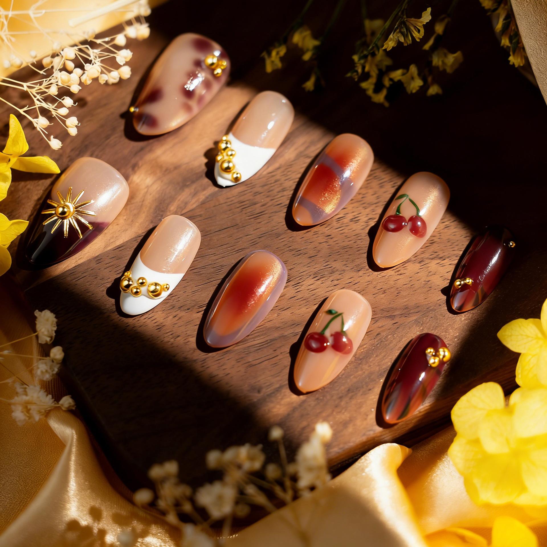 30 pieces of almond wearing nail 3d three-dimensional cherry flower hand-drilled white French nail art