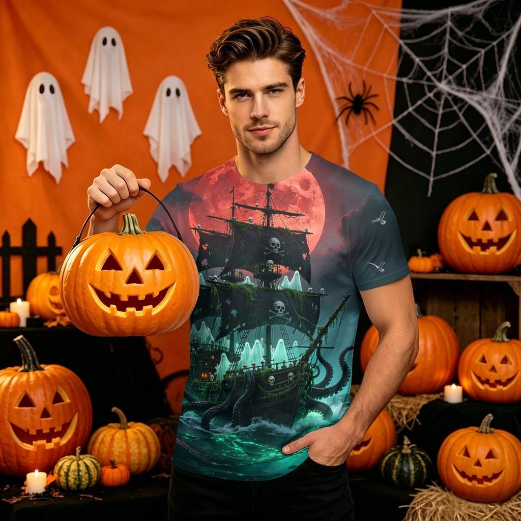 Men's Short Sleeve Halloween Print Round Neck T-Shirt for Casual Party Wear