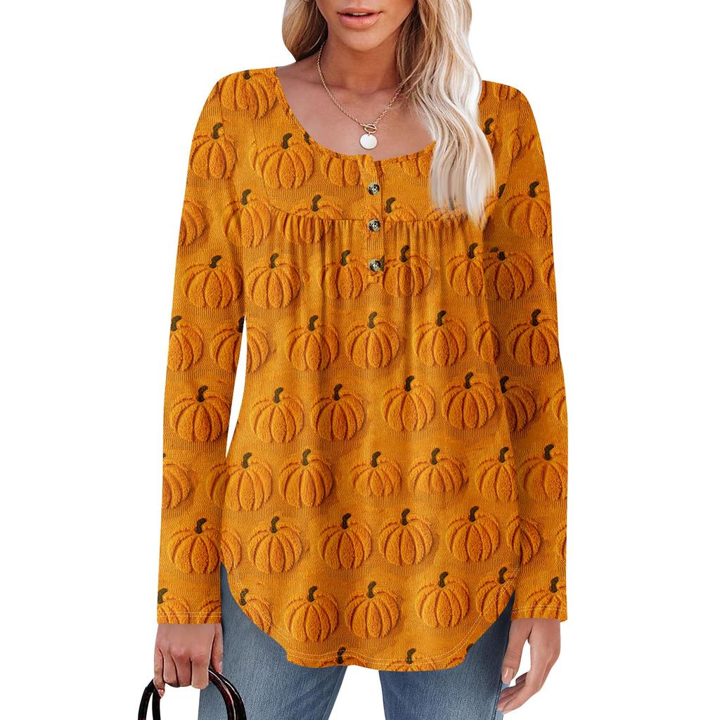 Dame Langermet Tunika Løse Topper Casual Oversized Topper Plissert Tunika Knapper Ned Casual Dame Print Topper