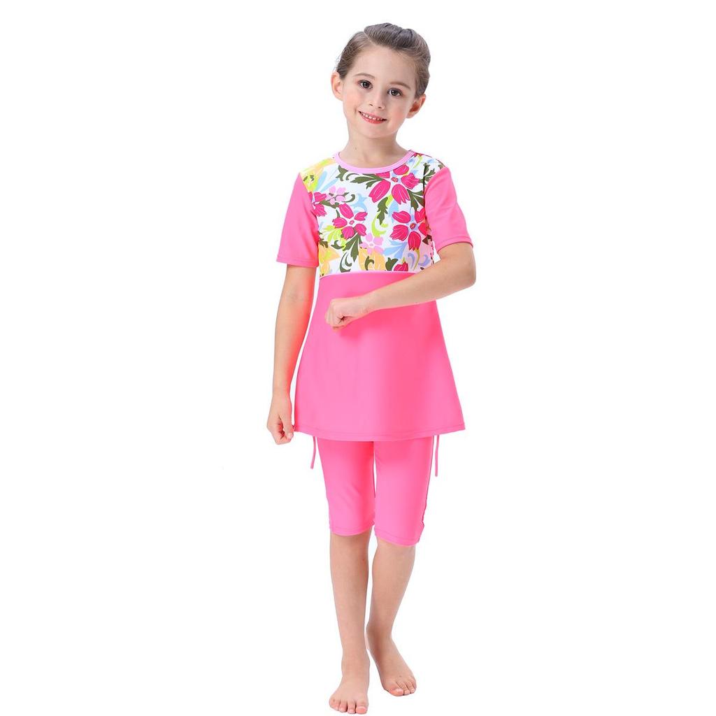 Girls' Short Sleeve Conservative Belly-Covering Swimsuit for Southeast Asian Children