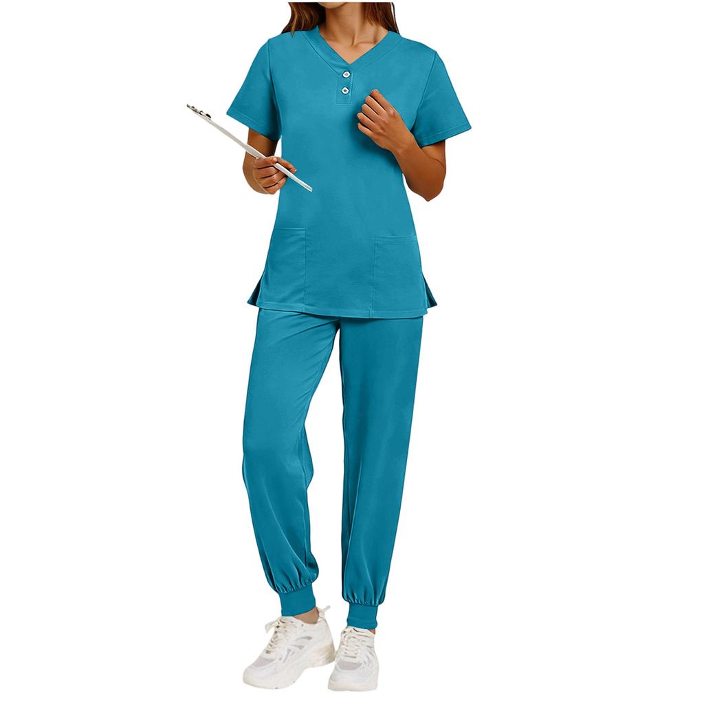 Nursing Scrub Set Women Quick Dry Fabric V Neck Short Sleeve Top with Pockets and Elastic Waist Long Pants Medical Uniform Workwear Set