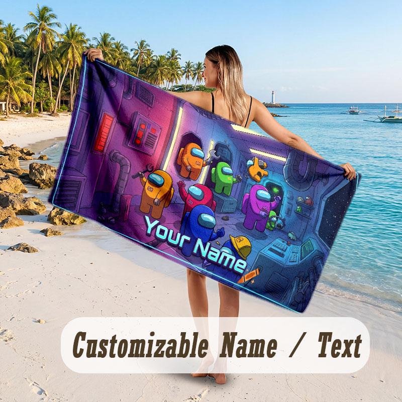 Personalized Beach Towel,Among Us Custom Printed Name Text, Super Absorbent Towel For Beach Vacation