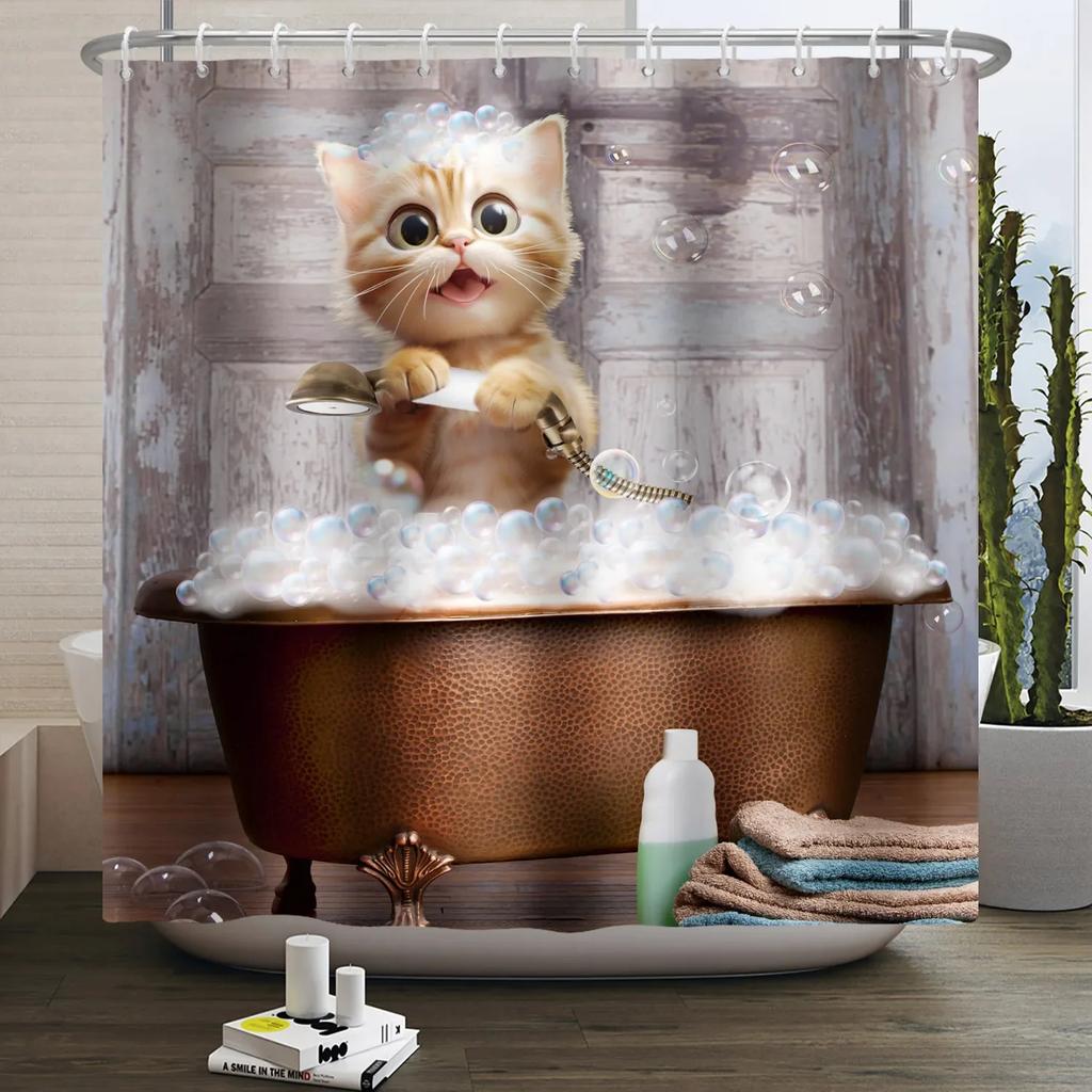 Hrdinský Velký bílý žralok s pistolí Kočka Vtipný sprchový závěs Pro kryt vany Kryt koupelny Koupání Extra velký Široký 12 ks háčků