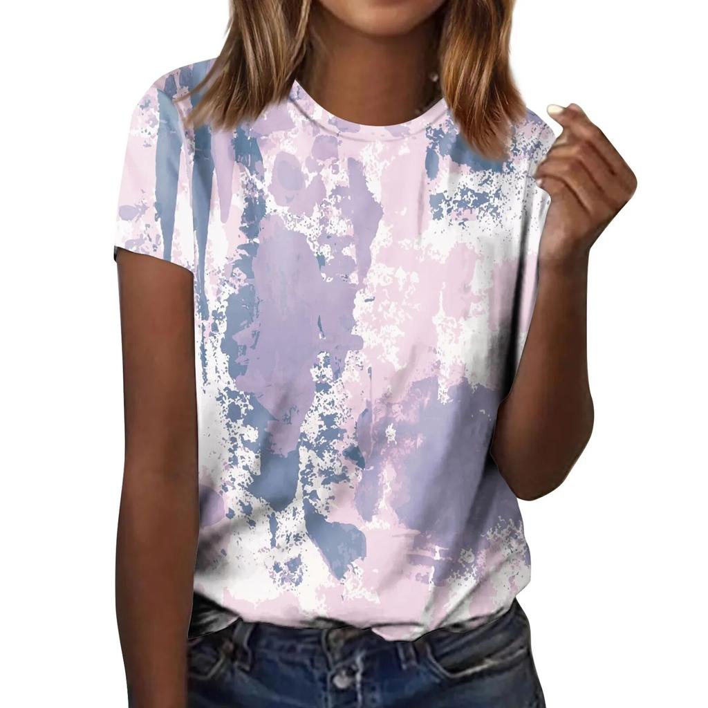 Women's Fashion Casual Retro Textured Printed Round Neck Short Sleeve T-Shirt Top Women's Clothing Sale Women's Luxury Tops Mark