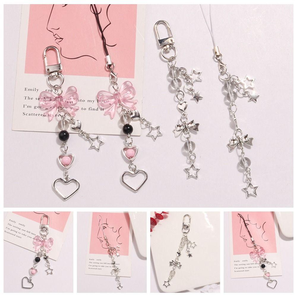 Bowknot Bead Phone Charm Strap Star Bowknot Beaded Cellphone Strap Mobile Phone Chain  Decoration
