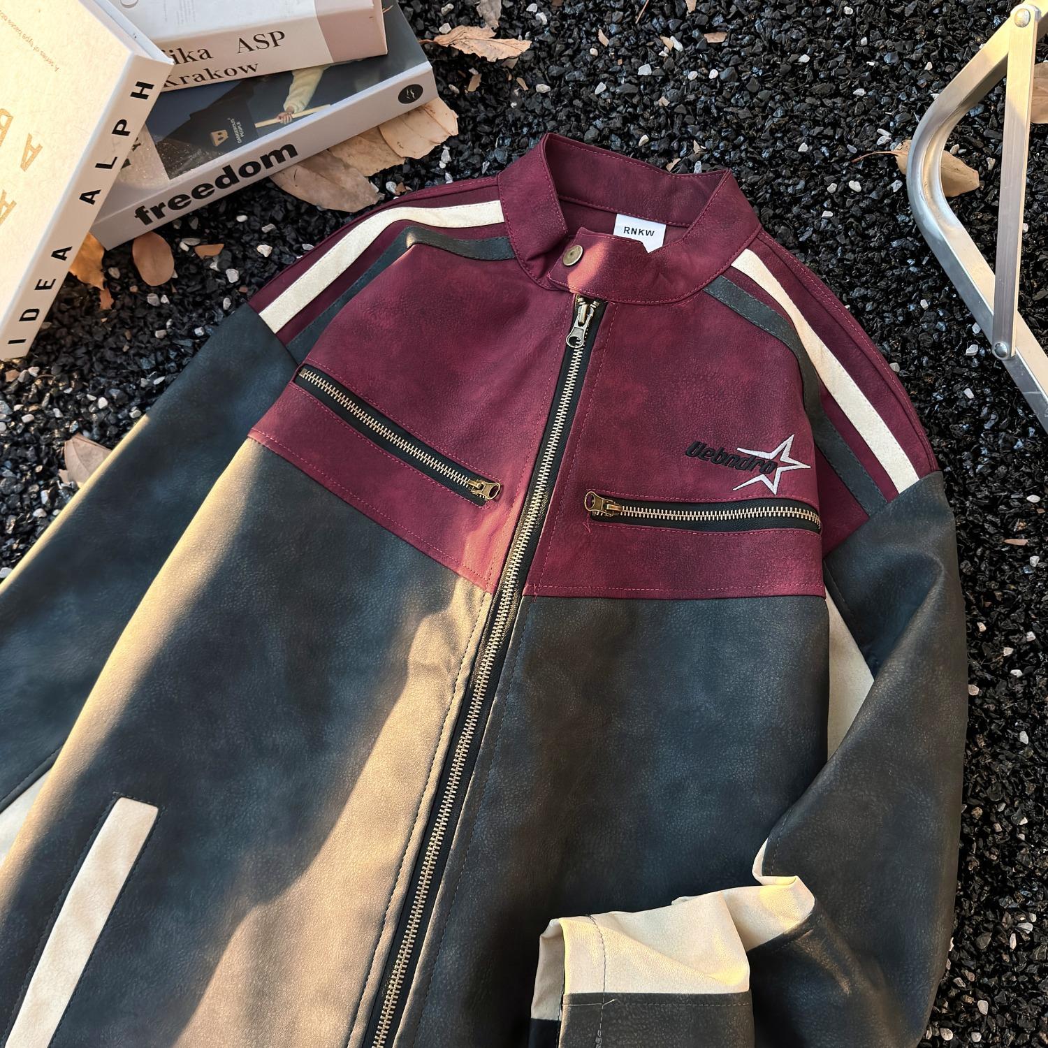 American jacket retro splicing contrasting color men s and women s spring and autumn tide brand loose locomotive suede jacket M