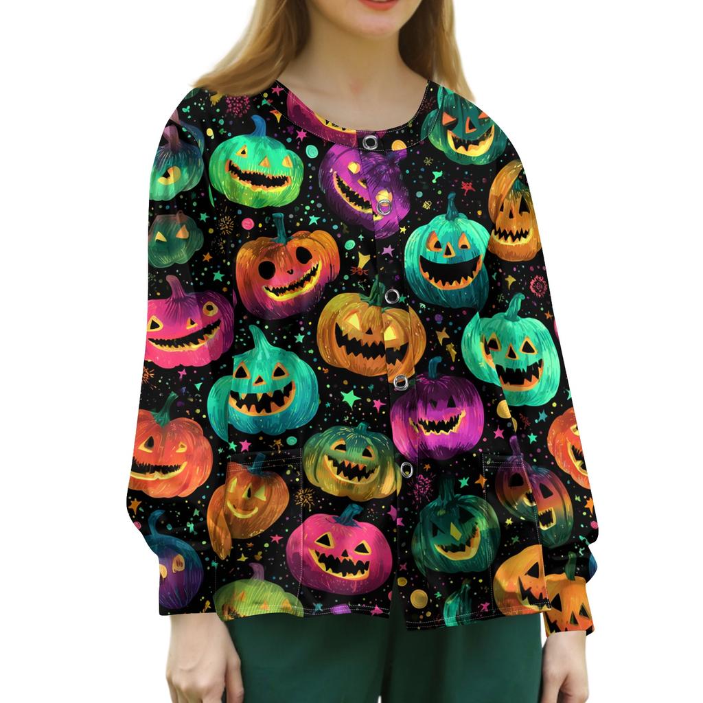 Women's Casual Long Sleeve Single Button Shirt Halloween Pumpkin Print Nurse Uniform Top Comfortable Fit Lightweight Fabric