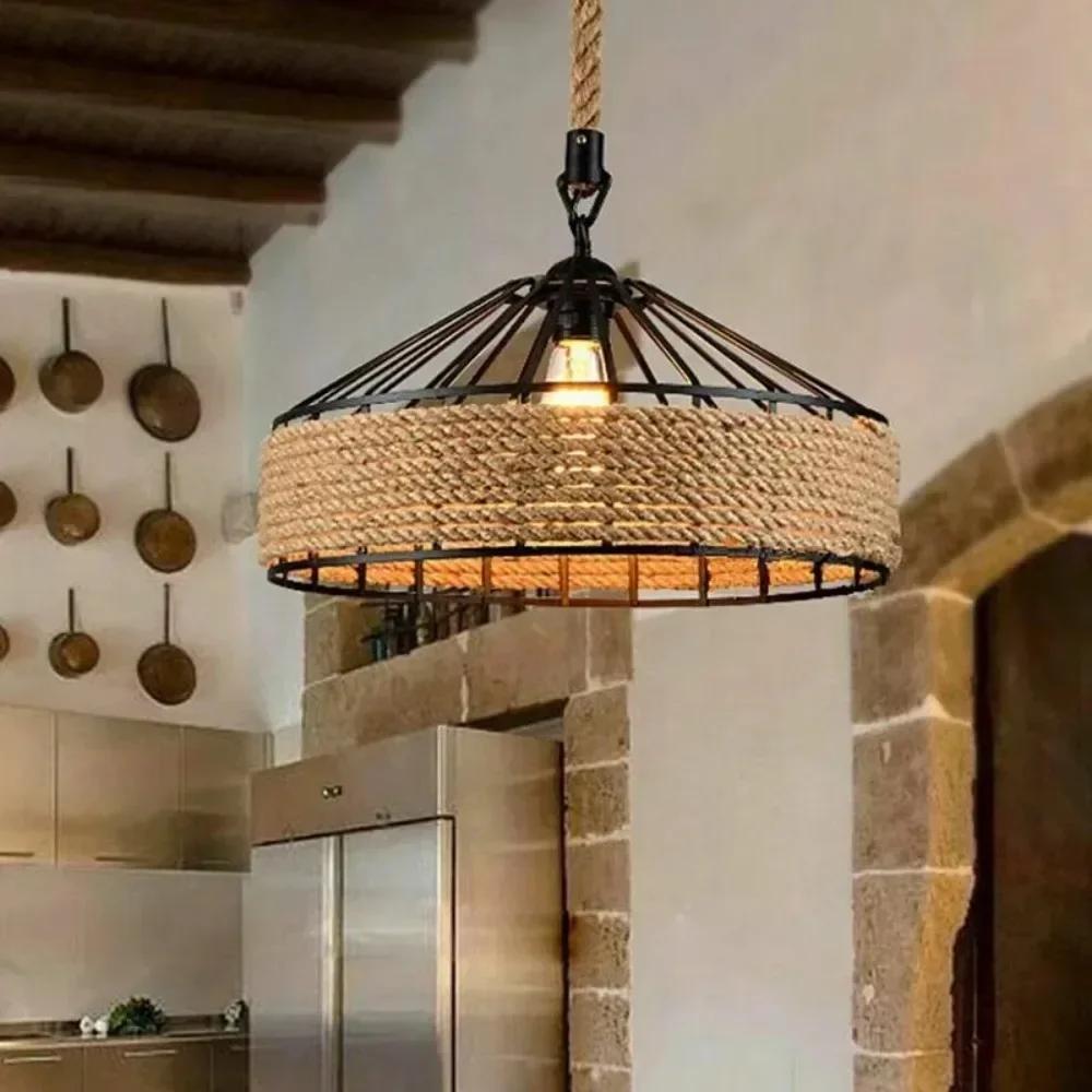 30/40cm Nordic Vintage Chandelier Industrial Twine Attic Country Kitchen Bar Dining Room Decor Hollow Out Overhead Lighting