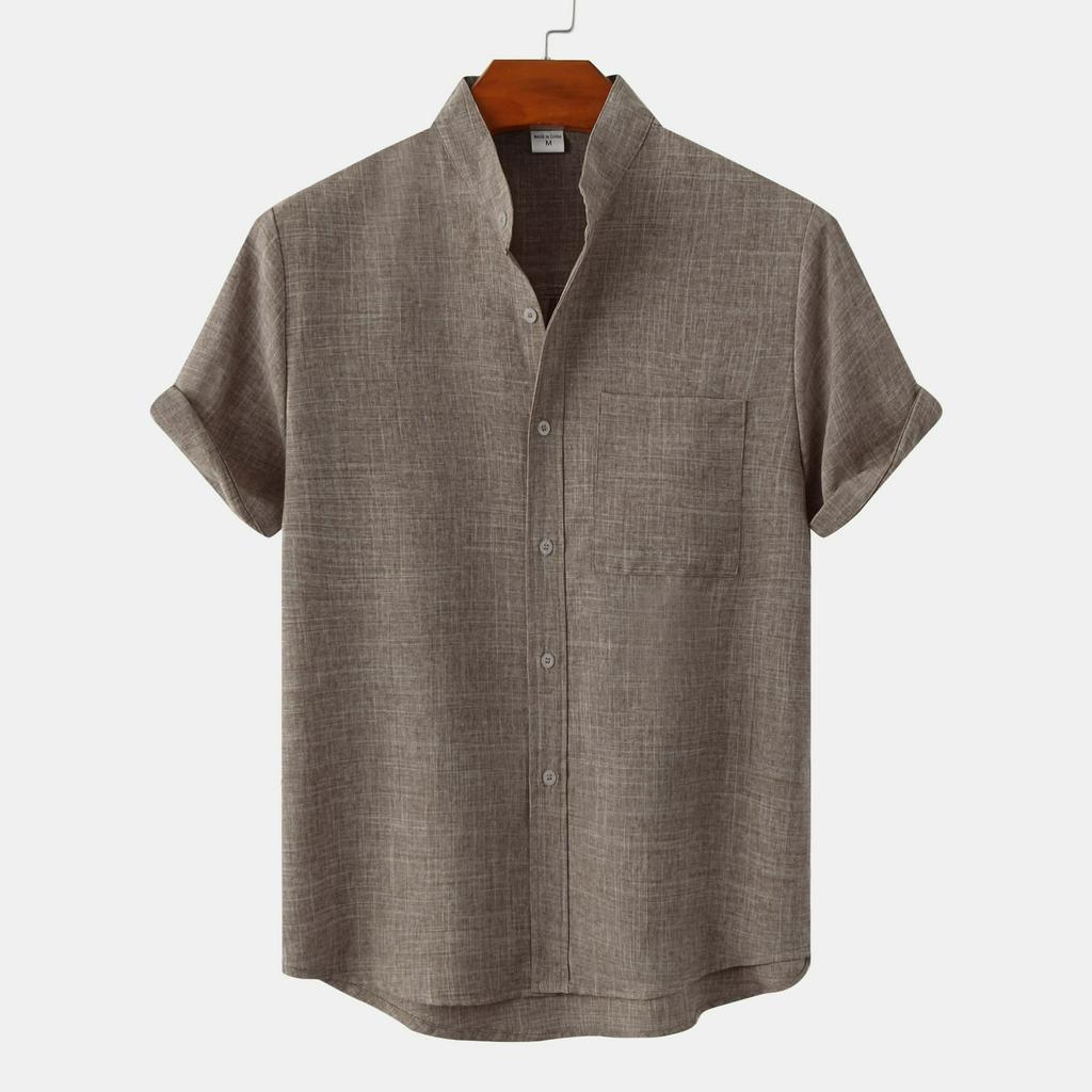 Camicia da Uomo in Cotone e Lino Monocolore a Maniche Corte da Uomo