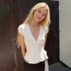 French V Neck Jacquard Button Top – Slim Fit Lace Trim Short Sleeve Solid Color Women’s Blouse