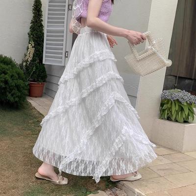Retro Splicing Twill White Lace Skirt Women's Summer Elastic Waist Thin A-shaped Skirt