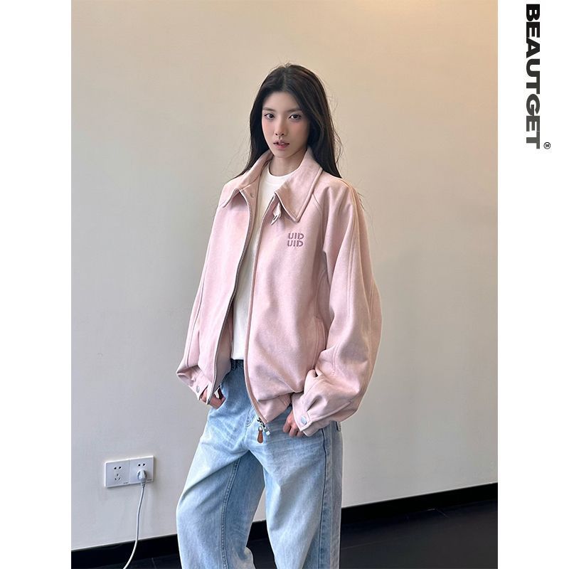 

Spring and autumn American retro lapel design sense coat men s and women s chic embroidery casual loose jacket top trend 2XL розовый