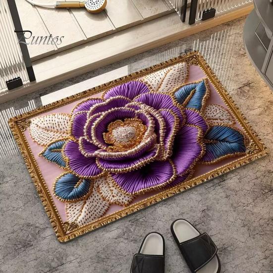 Door Clearance Rug Floor Mat Non-Slip Rubber Backing Absorbent Quick-Drying Bath Retro Low Profile Style 3D Flower Pattern Kitchen Shower Laundry Non