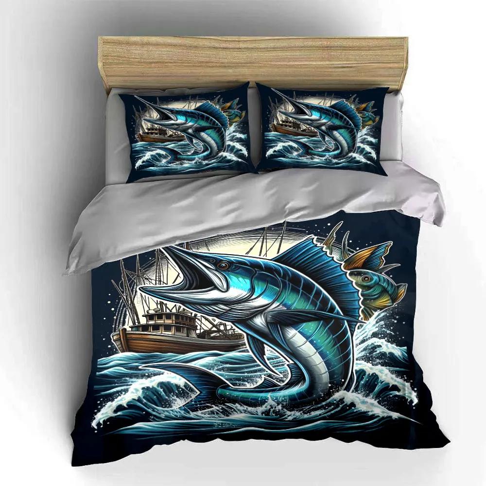 "Fishing-Themed Nautical Decor Set" Multiple sizes kid's and adults' bedroom Exquisite 3PC bedding set, gift