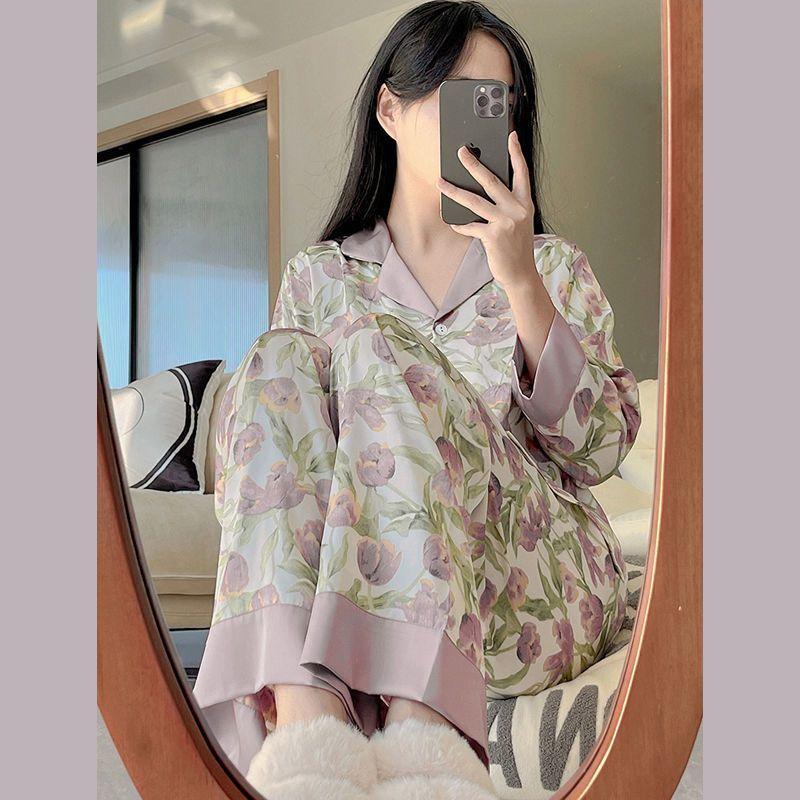 Silk Pajamas Women's Long Sleeve Cardigan Long Pants Pajamas Set Printed Kawaii Clothes Home Clothes