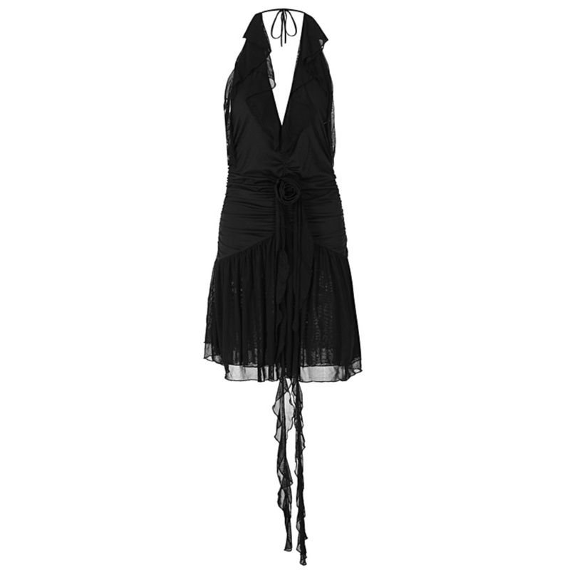 European and American 2024 Summer New Gyaru Style Deep V Sexy Slim Fit Mesh Hanging Neck Sling One Piece Dress Women Clothing