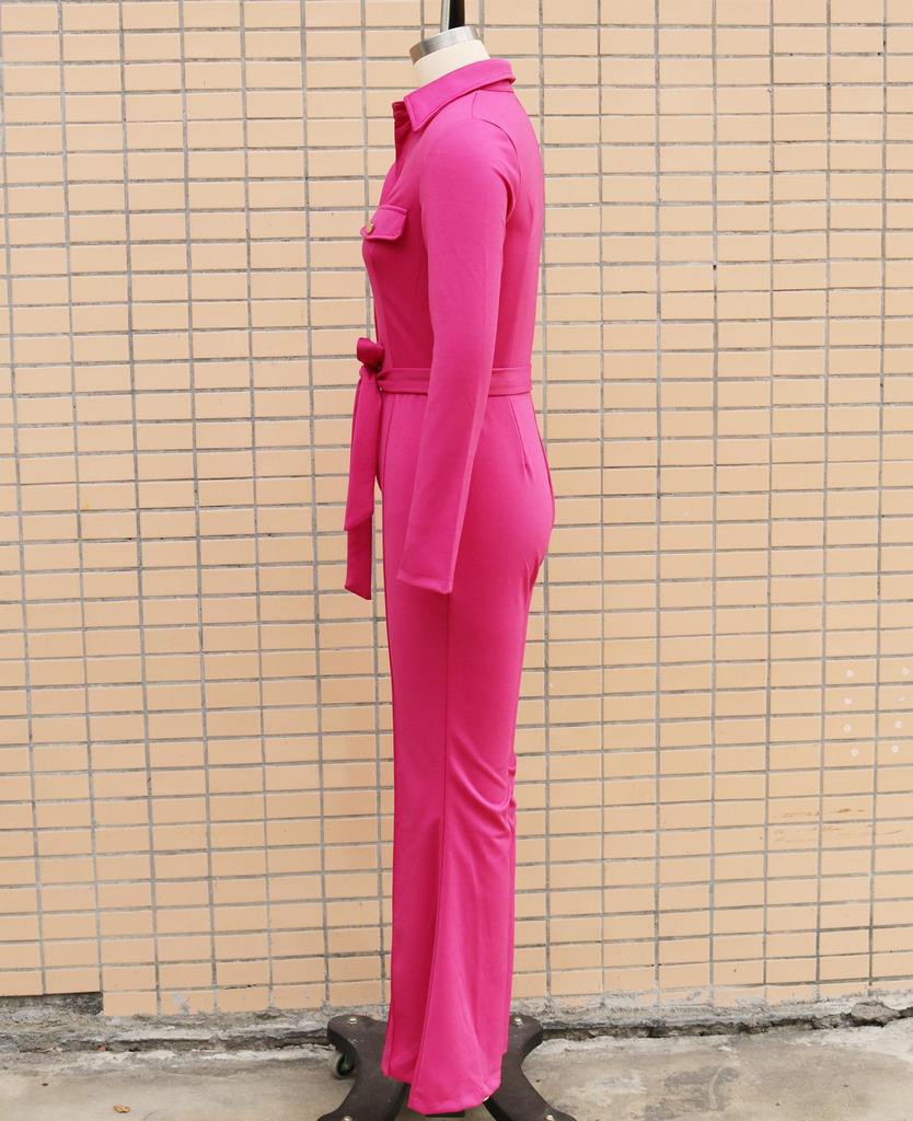 2025 Autumn/Winter Long-Sleeve Shirt Collar Jumpsuit with Mid-Waist Long Pants
