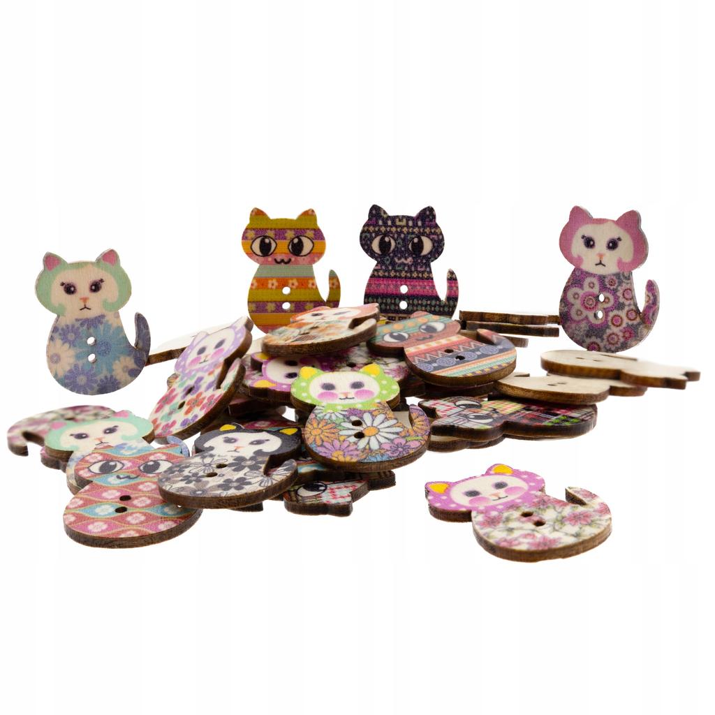 Wooden Button, Decorative Cats, Colorful Mix