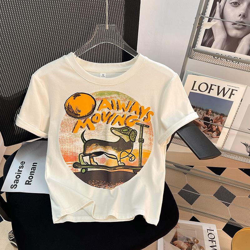 

Women s 2024 Summer Slim Fit American Retro Print Cotton Tee