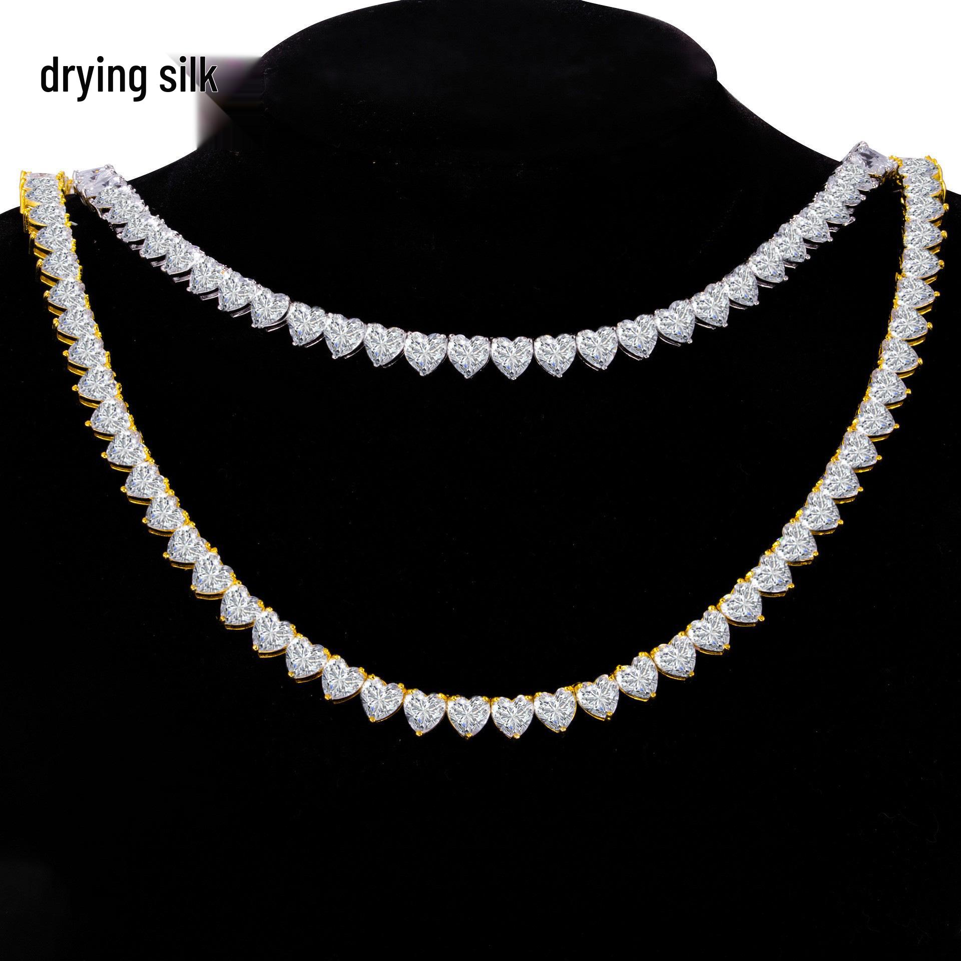 

6mm Heart Three-Prong Tennis Chain Hip Hop Zircon Necklace Platinum + White Zircon