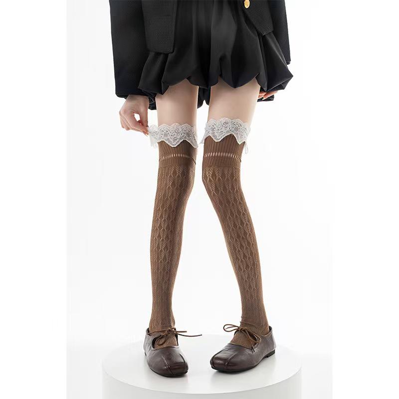 White Lace Flower Pattern Ruffled Calf Socks for Women - Ultra-Thin, Sexy, Sweet, Hollow, Long Boot Socks