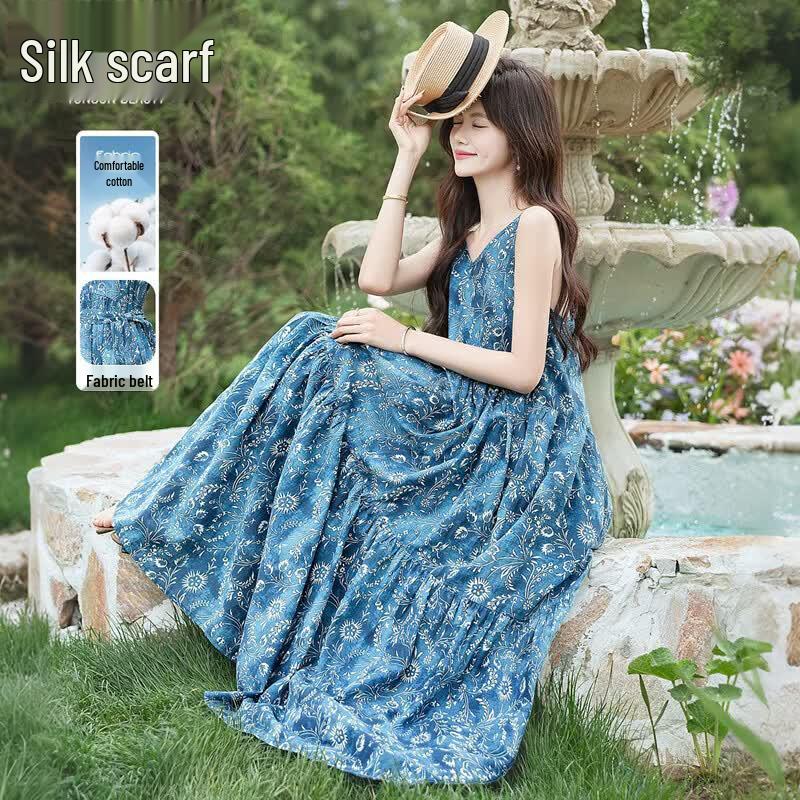 Women s Pure Cotton V-Neck A-Line Strappy Maxi Dress L