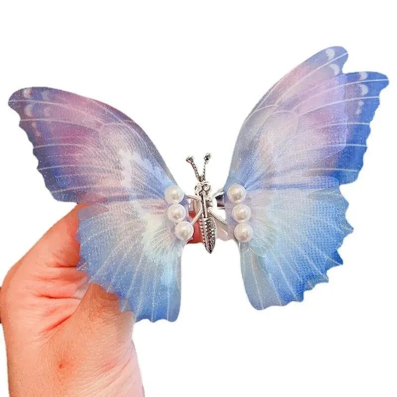 2Pcs Butterfly Girls Hairpin Moving New Gradient Hair Clip Three-Dimensional Barrettes Pearl Pet Hair Accessories