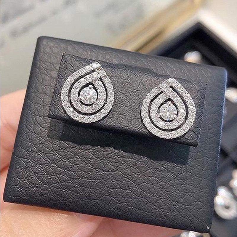 Silver Double Halo Teardrop CZ Stud Earrings Micro Pave Crystal Teardrop Earrings Women Minimalist Elegant Jewelry