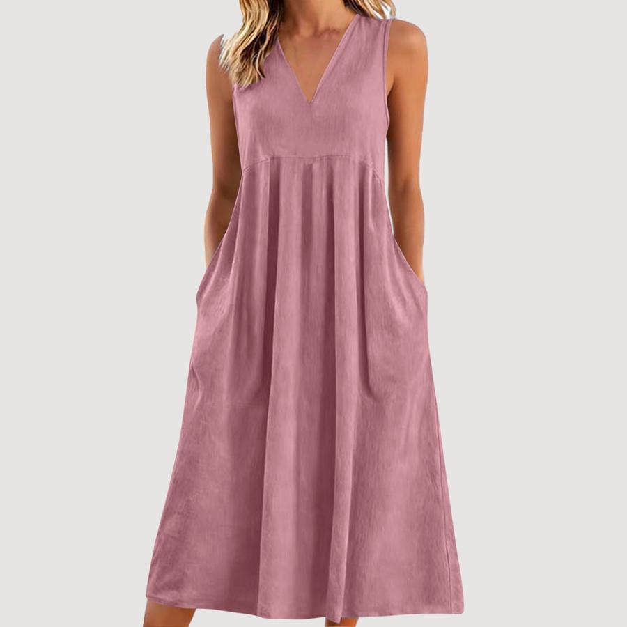 Women's Imported Solid Color Set Sleeveless V-Neck Loose Cotton Dress
