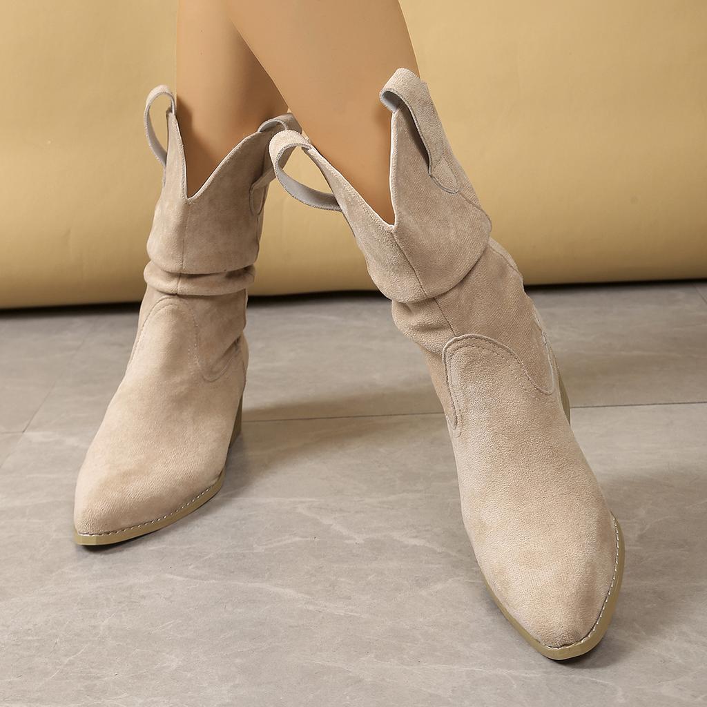 Fashion New Retro Brown Western Cowboy Long Boots Women's Fashionable Mid-Calf Pointed Toe Booties Spring Autumn Winter Rubber Outsole