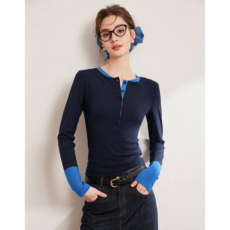 Bailuyu Women s Color-Block Slim-Fit Half-Placket Long-Sleeve T-Shirt S