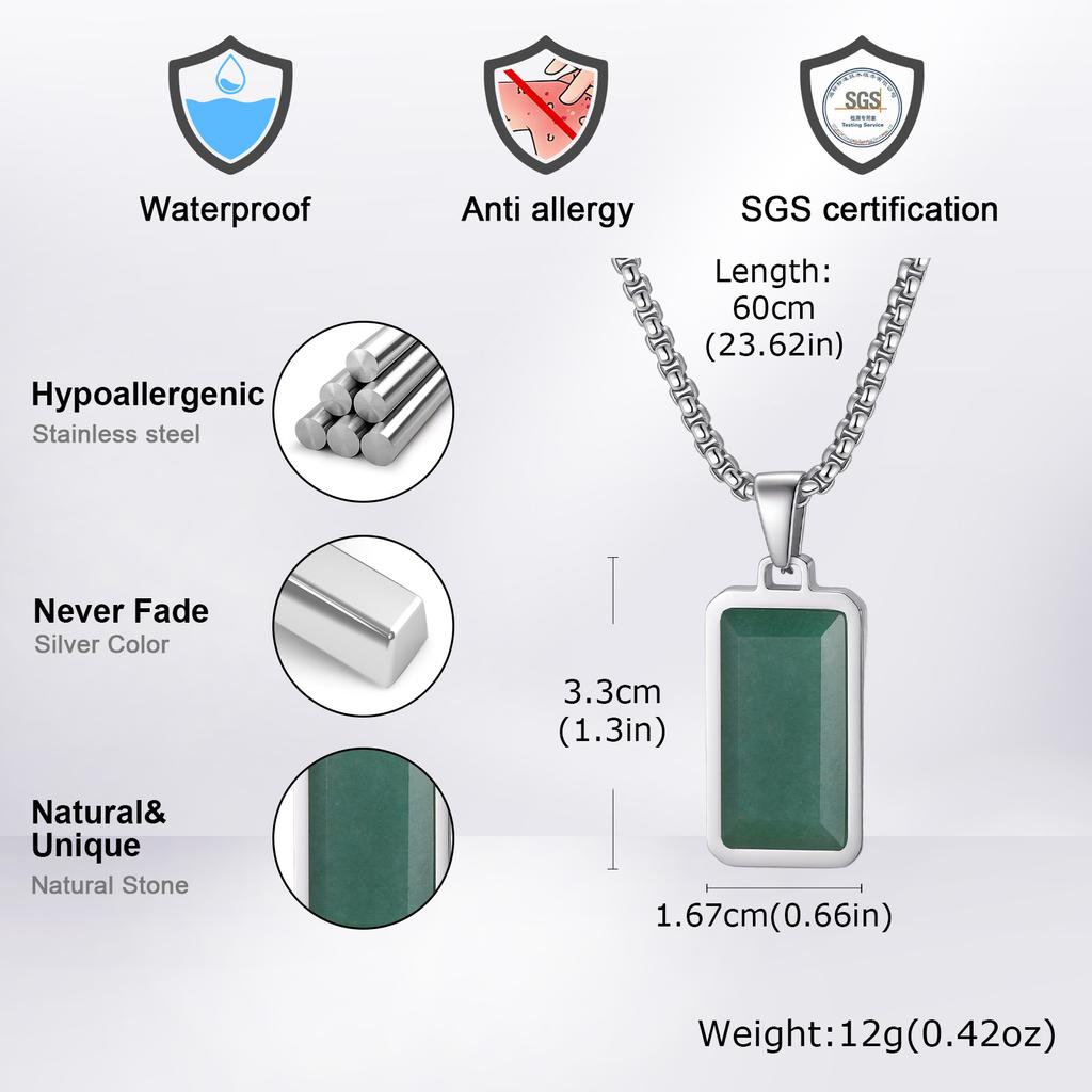 Vnox Edelstahl Grüne Naturstein Halskette für Männer Jungen, Geometrisches Quadrat Anhänger mit Kasten Kette Halsketten Schmuck Geschenk